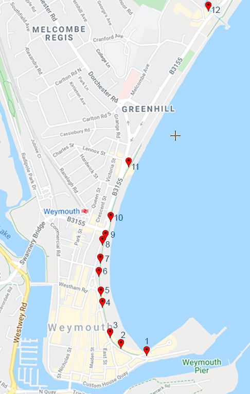 Map showing locations of advertising drums in Weymouth