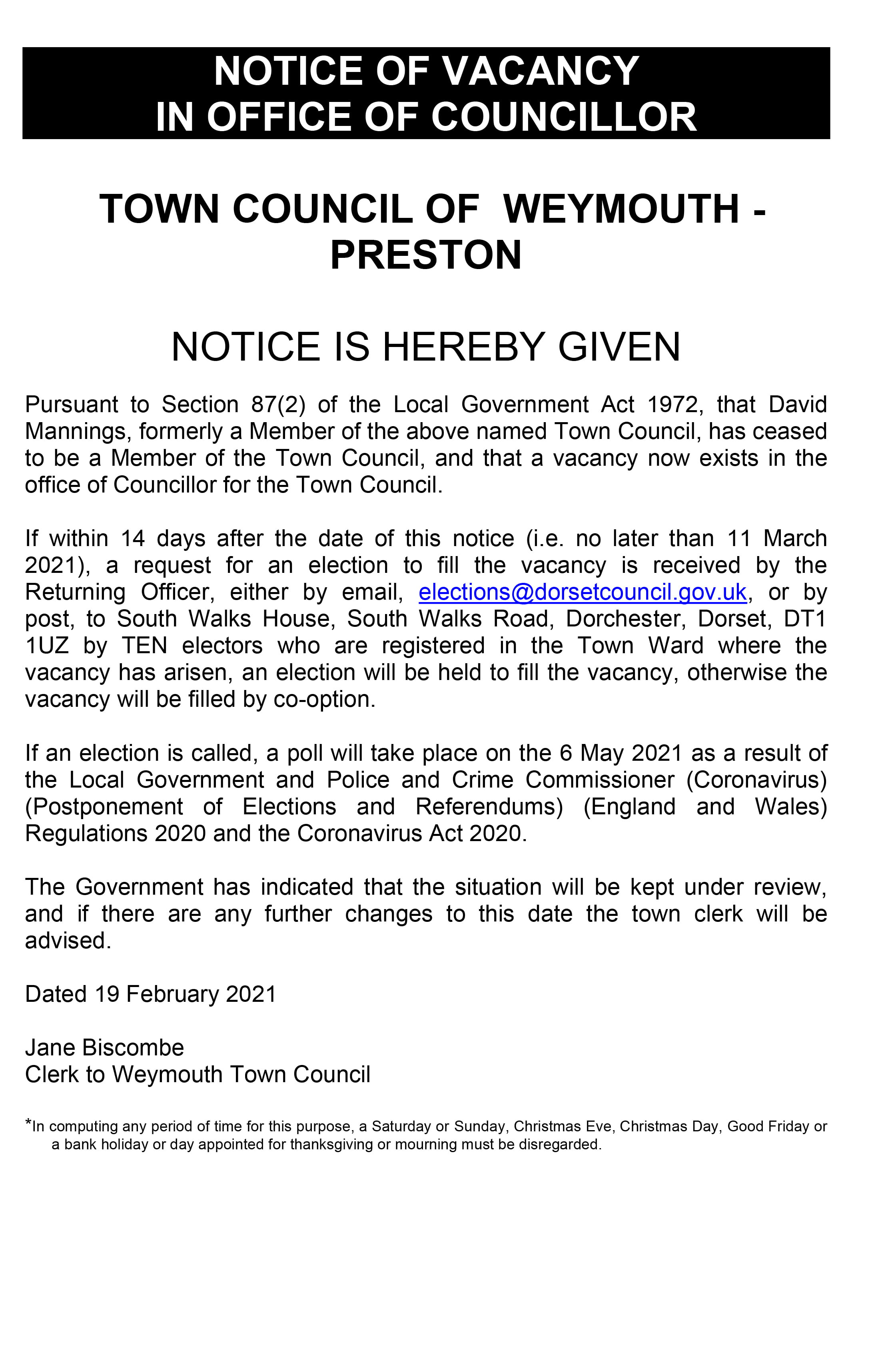 Notice of vacancy in office of Councillor